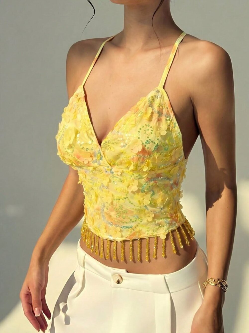 Yellow Boho Women's 3d Floral Decor Fringe Hem Camisole Top - Picture 4 of 7